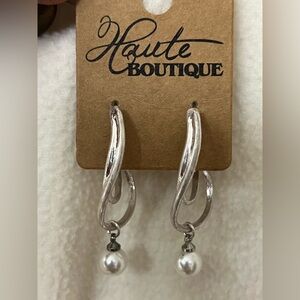 NEW Silver Pearl Loop Earrings 2” Dangle